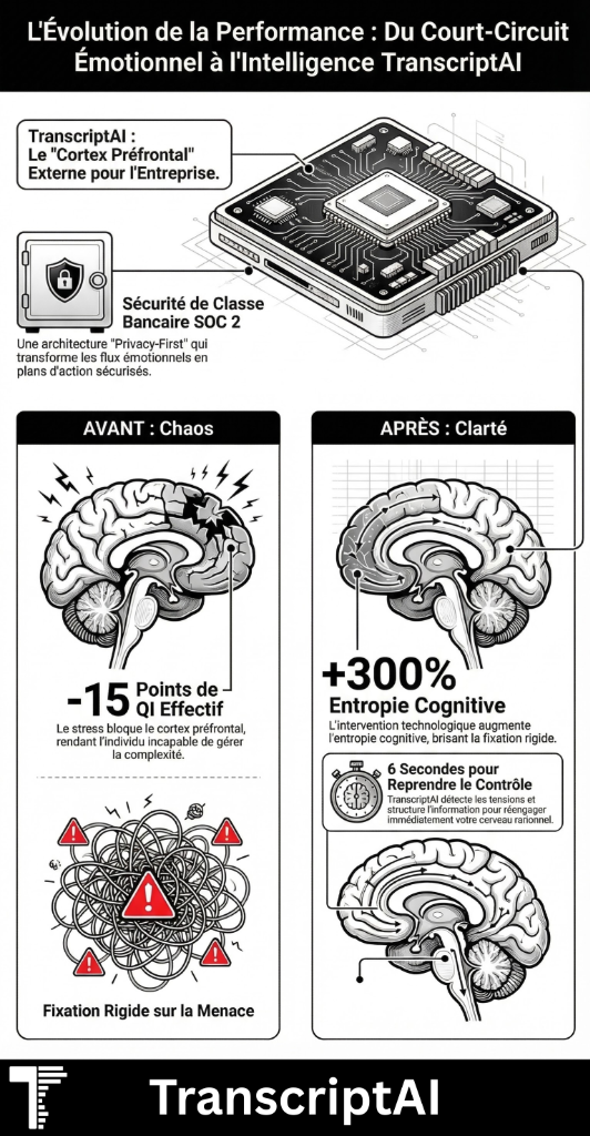 Coupe cérébrale montrant le court-circuit du cortex préfrontal par l'amygdale en condition de stress