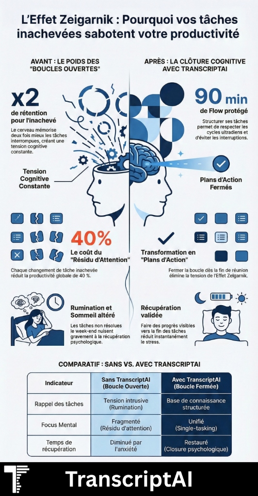 Schéma cognitif du cerveau saturé par les boucles ouvertes de l'effet Zeigarnik